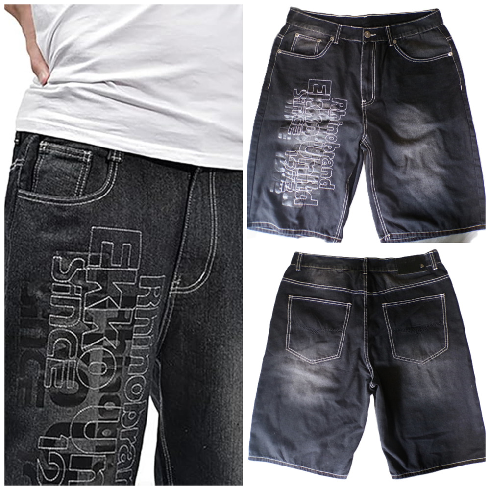y2k Men's Black baggy Shorts 34x12 Faded Playbigg jeans Loose Streetwear Gothic
